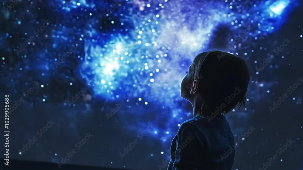 A child at a planetarium, gazing up at a simulated night sky filled with stars and galaxies, sparking curiosity and wonder A child at a planetarium, gazing up at a simulated night sky filled with stars and galaxies, sparking curiosity and wonder