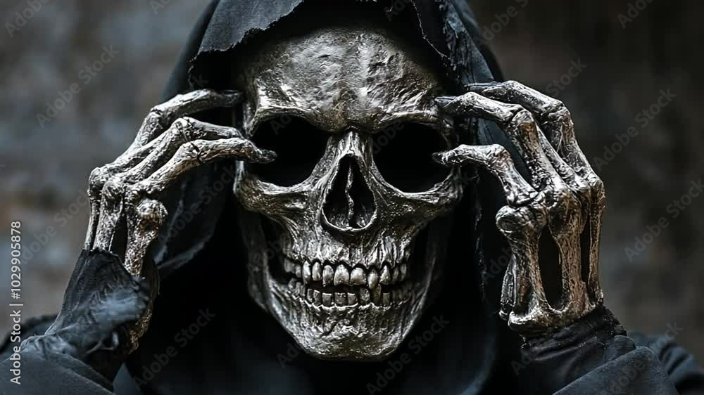 A chilling image of the Grim Reaper, shrouded in darkness, his skeletal face peering through his hood with an unsettling expression. This photograph evokes a sense of mortality. A chilling image of the Grim Reaper, shrouded in darkness, his skeletal face peering through his hood with an unsettling expression. This photograph evokes a sense of mortality.