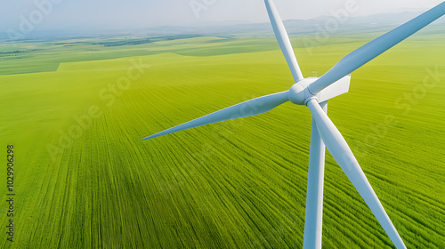 Wind turbines in a vibrant green field with the shift toward renewable energy. Focuses on wind power as a clean, sustainable solution, helping to combat climate change and reduce carbon footprints.