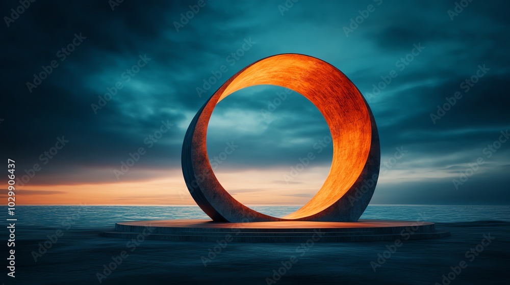 A modern circular sculpture illuminated by sunset over the ocean. A modern circular sculpture illuminated by sunset over the ocean.