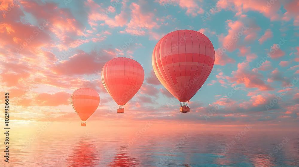 Fototapeta Three Hot Air Balloons Floating Over a Calm Ocean at Sunset - Illustration
