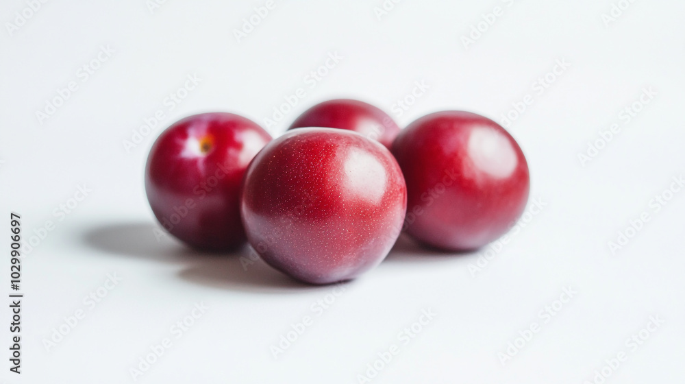 Fresh red plums arranged on a white surface in natural light during the afternoon Fresh red plums arranged on a white surface in natural light during the afternoon