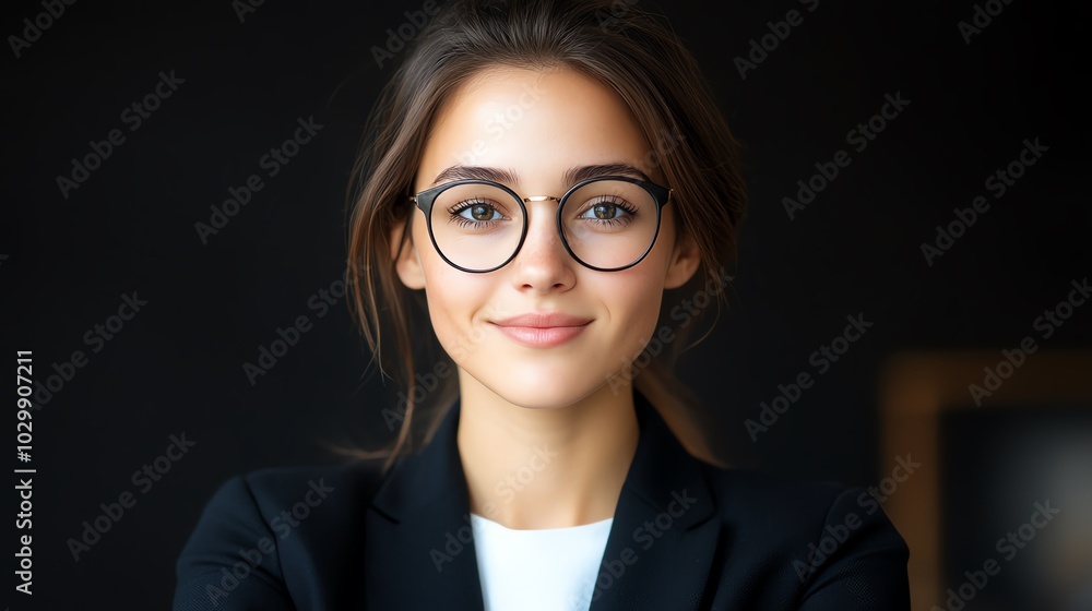 Confident woman in glasses smiling against a dark background. Confident woman in glasses smiling against a dark background.
