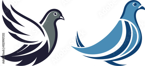 2 Set of Peace Pigeon Sign Vector Logo Icon Set – Minimalist Dove Symbols
