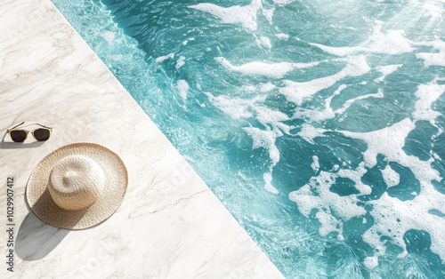 A minimalistic fashion aesthetic scene with sunglasses and a straw hat placed beside a marble swimming pool