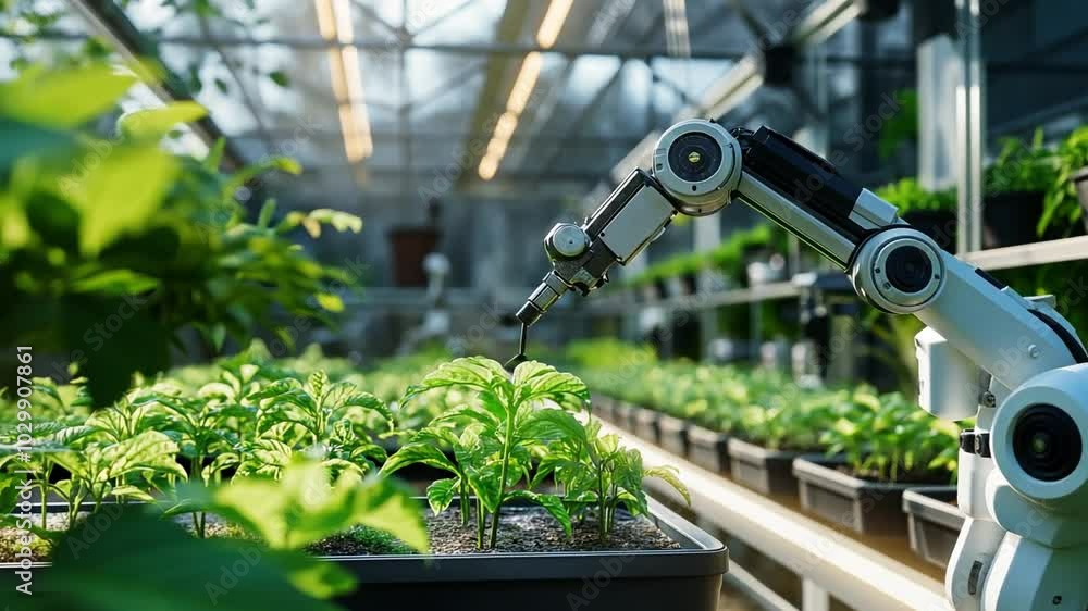 Robotics in Agriculture: A robotic arm carefully tends to rows of young plants in a modern greenhouse, showcasing the future of sustainable and efficient farming. Robotics in Agriculture: A robotic arm carefully tends to rows of young plants in a modern greenhouse, showcasing the future of sustainable and efficient farming.