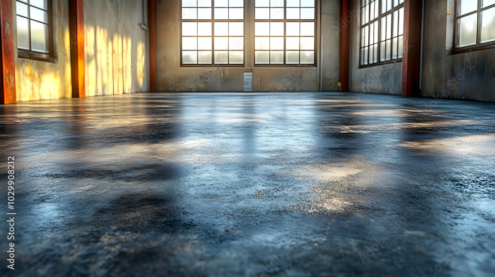 Industrial Building Interior with Windows and Sunlight - 3D Illustration Industrial Building Interior with Windows and Sunlight - 3D Illustration