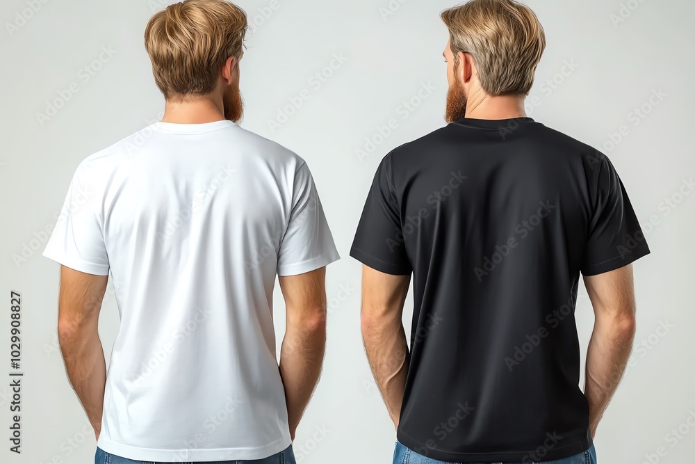 Two men wearing white and black t-shirts, standing back to back. Two men wearing white and black t-shirts, standing back to back.