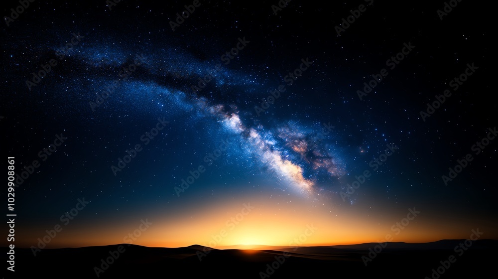 Fototapeta premium Vibrant night sky with stars and Milky Way galaxy illuminated by horizon glow.