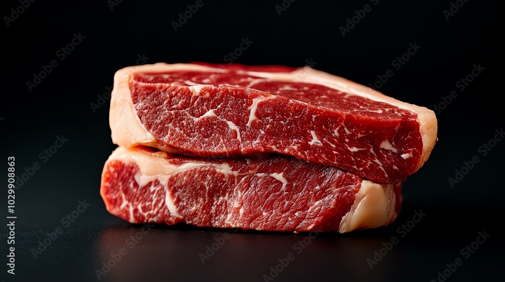 Two raw beef steaks stacked on a dark surface, ideal for culinary presentations. Two raw beef steaks stacked on a dark surface, ideal for culinary presentations.