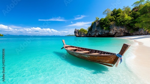 Tropical beach with a boat on clear turquoise water and lush green hills.