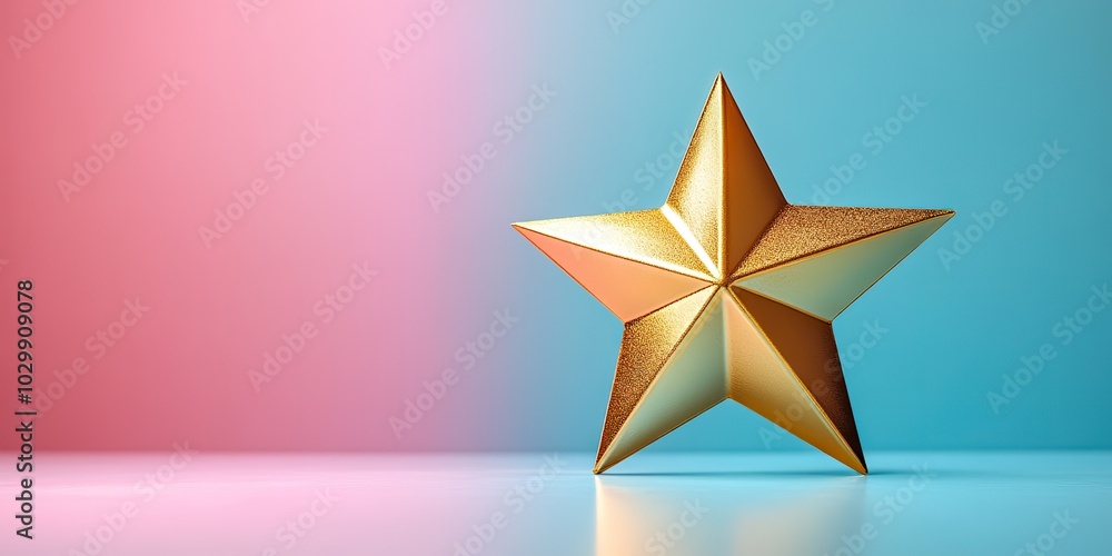 A golden star award stands out against a pink and blue background, perfect for celebrating achievements. A golden star award stands out against a pink and blue background, perfect for celebrating achievements.