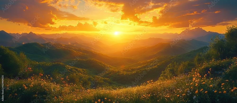 A golden sunset casts a warm glow over lush mountains, enhancing the natural beauty. A golden sunset casts a warm glow over lush mountains, enhancing the natural beauty.