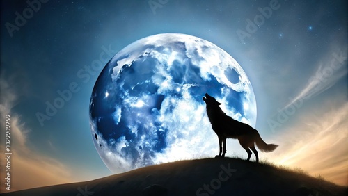 Silhouette of coyote howling at moon in desert photo