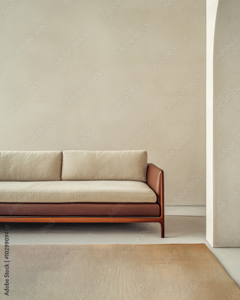 Modern living room design featuring a minimalist sofa and elegant archway in neutral tones Modern living room design featuring a minimalist sofa and elegant archway in neutral tones
