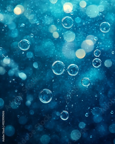 Abstract background with bubbles and bokeh lights on a blue background.