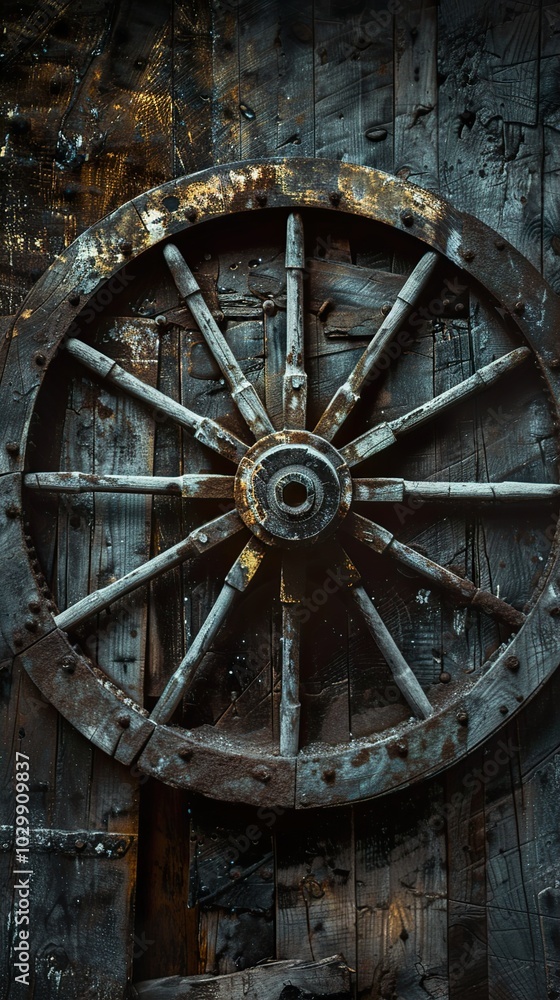 Old Wooden Wheel on Weathered Wood Old Wooden Wheel on Weathered Wood