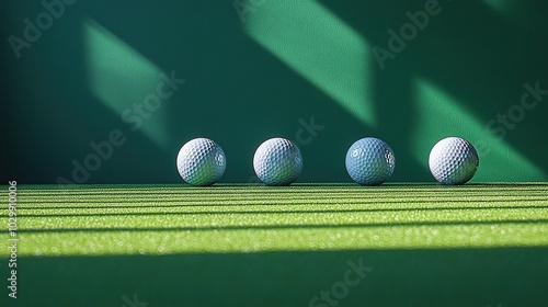 A golf-themed business card or sign featuring three balls and a black tee on a green backdrop.