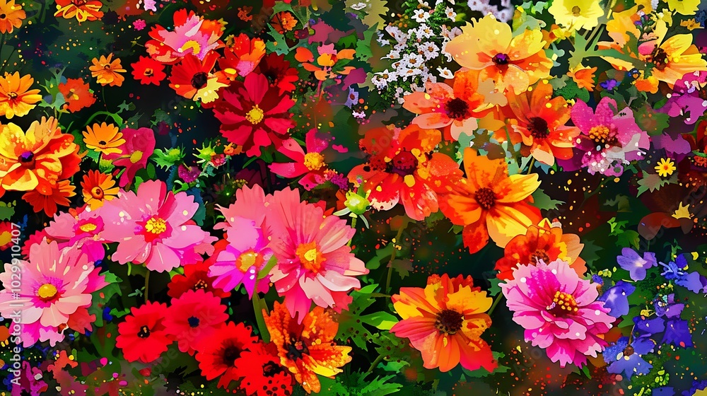 A pointillism style painting of a flower garden in full bloom, with vibrant red, pink, and yellow flowers dotted in fine detail, creating a lush and textured effect. 8k UHD, suitable for high-quality A pointillism style painting of a flower garden in full bloom, with vibrant red, pink, and yellow flowers dotted in fine detail, creating a lush and textured effect. 8k UHD, suitable for high-quality