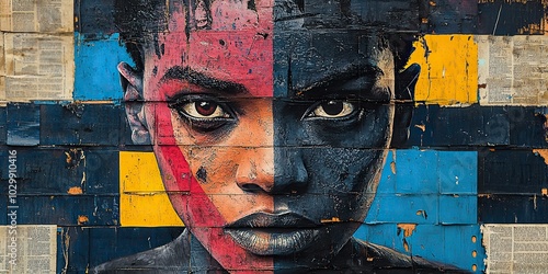 A graffiti collage features grunge newspapers and a multicolored painting of an African man with a fighting spirit, expressing rebellion in urban street art.