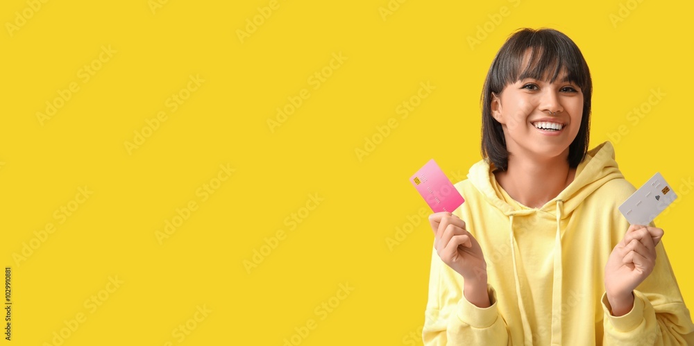Beautiful happy young woman holding credit cards on yellow background with space for text Beautiful happy young woman holding credit cards on yellow background with space for text