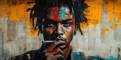 A graffiti collage with grunge newspapers and multicolored painting features a young man smoking a cigar, reflecting a rebellious urban spirit in street art.
