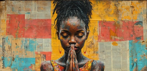 A graffiti collage with grunge newspapers and multicolored painting illustrates an African woman praying with joined hands, embodying hope for peace in street art.