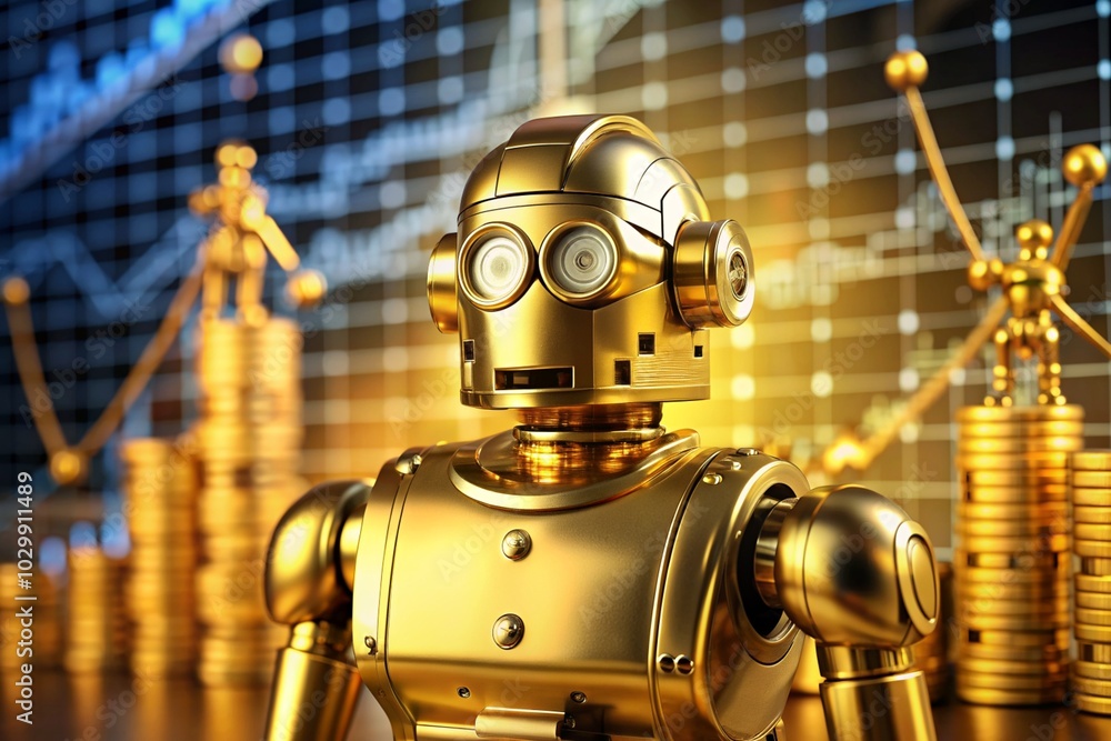Fototapeta premium A robot is standing in front of a pile of gold coins