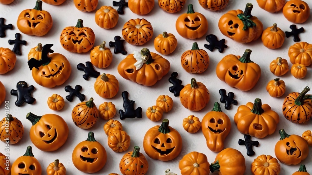 Seamless Halloween pumpkin pattern with spooky, smiling faces and autumn decorations in orange tones Seamless Halloween pumpkin pattern with spooky, smiling faces and autumn decorations in orange tones