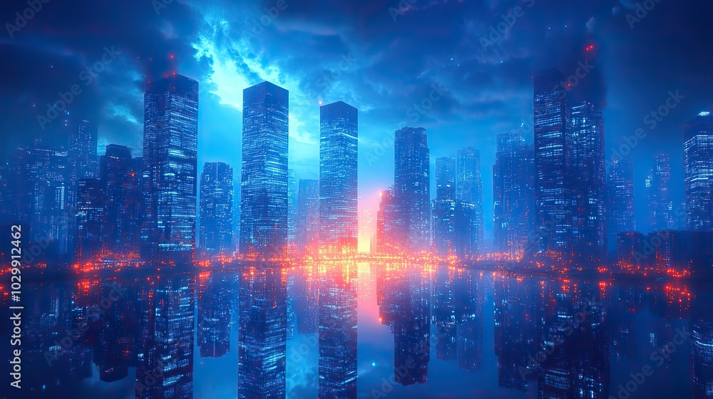 A graphic depiction of futuristic skyscrapers in a smart city financial district, showcasing innovative architecture and reflections. A graphic depiction of futuristic skyscrapers in a smart city financial district, showcasing innovative architecture and reflections.