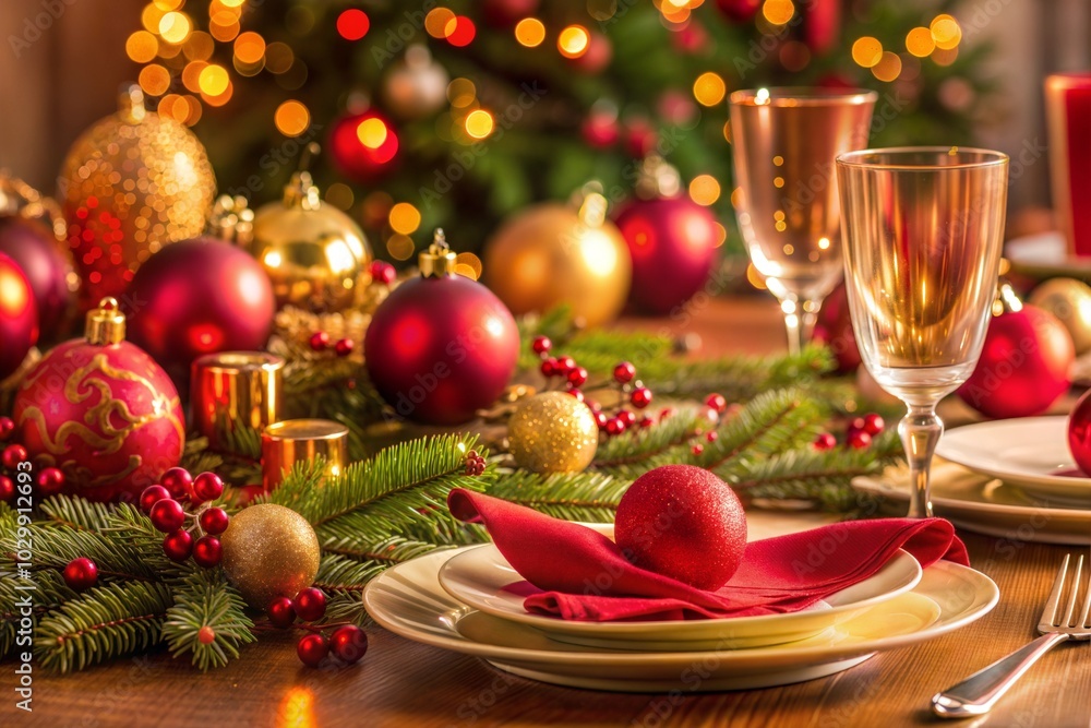 Christmas dinner table with red and gold ornaments on christmas eve Christmas dinner table with red and gold ornaments on christmas eve