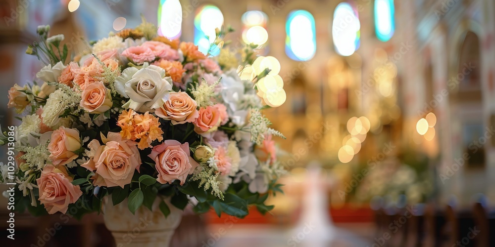 Bride with a lovely bouquet of white roses in a charming church during the ceremony Bride with a lovely bouquet of white roses in a charming church during the ceremony