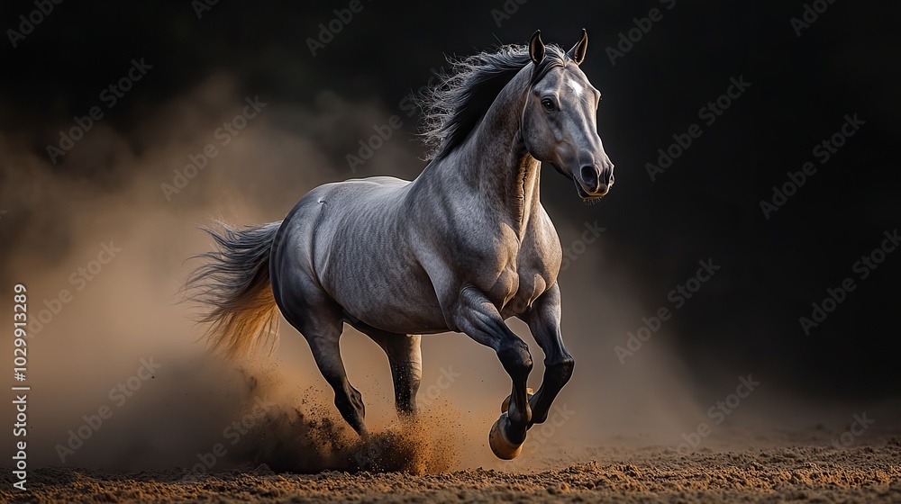 Obraz premium A grey horse stallion running swiftly through dust on a dark background.