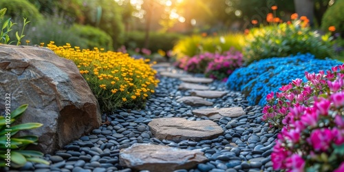 Beautiful garden pathway lined with colorful flowers during golden hour in a tranquil setting