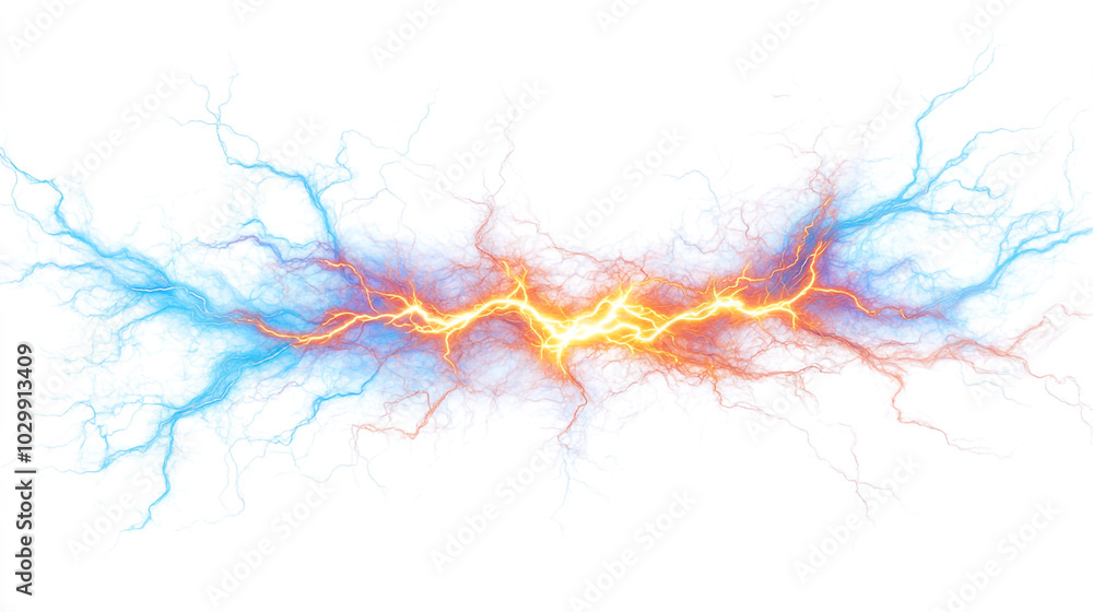 Obraz premium Vivid electric energy illustration with blue and orange lightning bolts on a white background