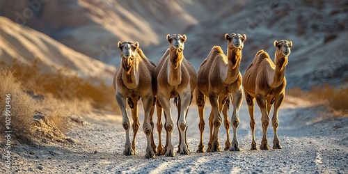 Wallpaper Mural A group of camels walks together in the warm, sandy desert, illustrating their journey across the arid landscape. Torontodigital.ca