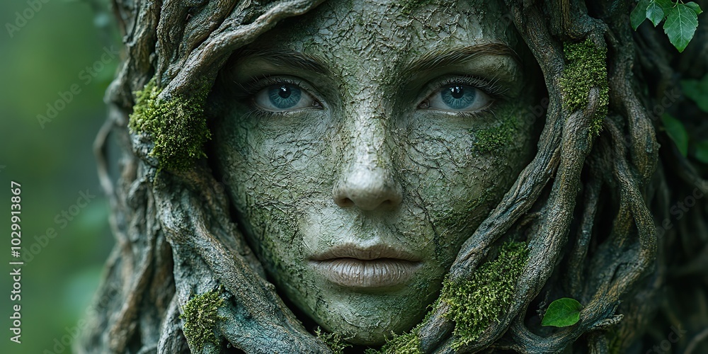 A guardian of nature statue of a woman covered in green moss and roots, found in the woods, symbolizes a mystical forest spirit. A guardian of nature statue of a woman covered in green moss and roots, found in the woods, symbolizes a mystical forest spirit.