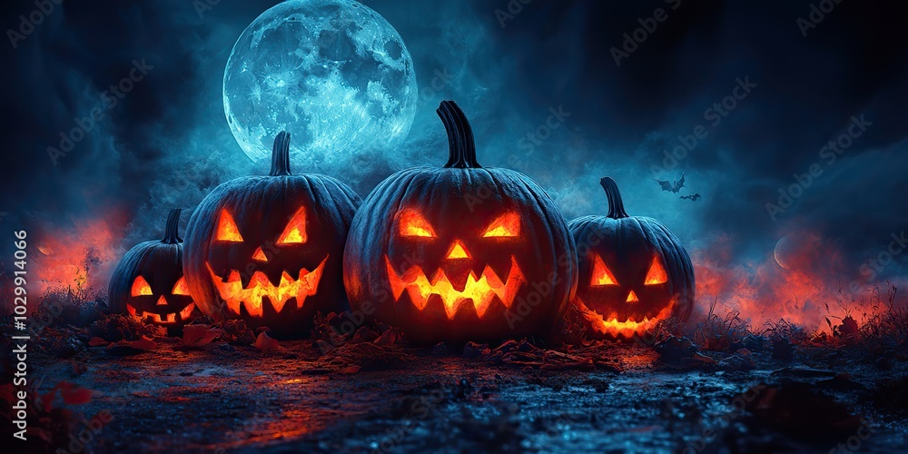 Naklejka premium A Halloween banner showcasing glowing evil pumpkins with fog under the moonlight on a spooky night.