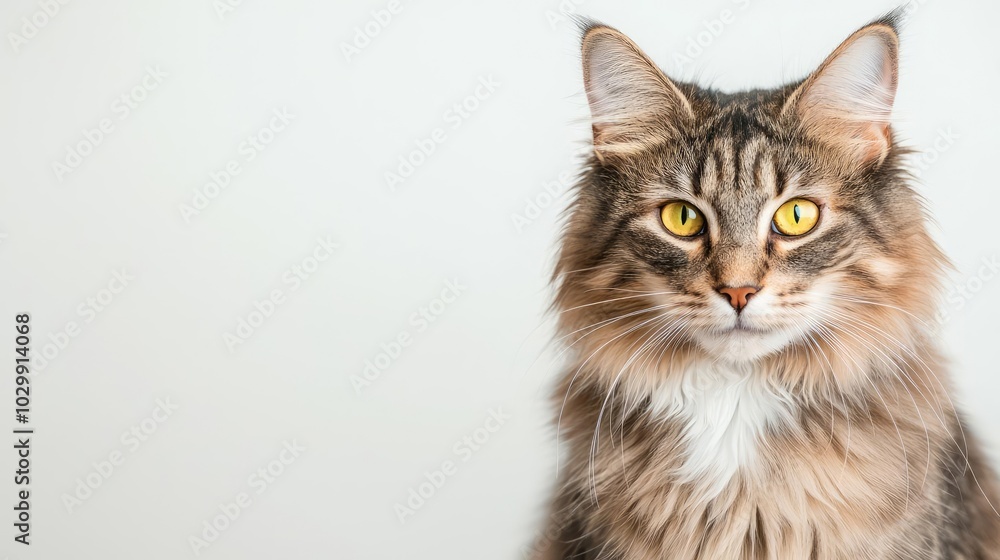 Maine Coon cat with striking yellow eyes on a white isolated background. Maine Coon cat with striking yellow eyes on a white isolated background.