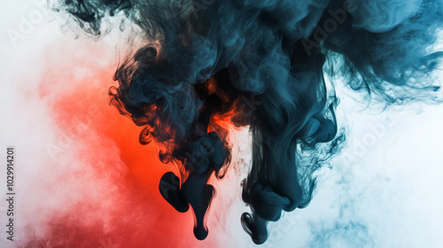 Colorful smoke swirling in shades of blue and red against a bright white background