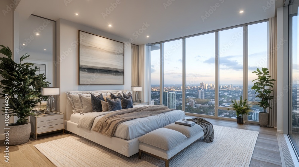 Fototapeta premium Modern Bedroom with City View