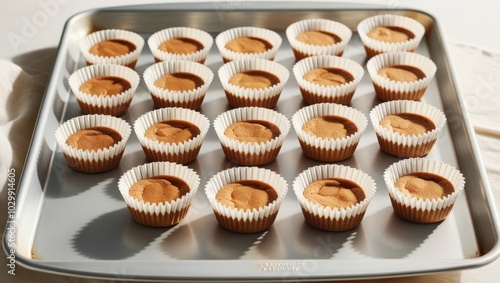 Rows of peanut butter cup cookies in white wrappers neatly arranged on a baking tray