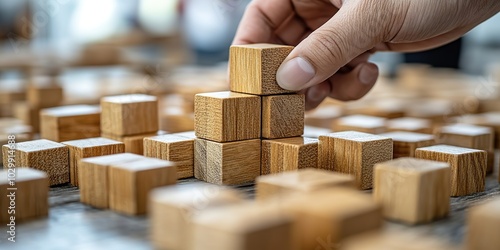 A hand places wooden blocks on a stack, contributing to a growing structure.