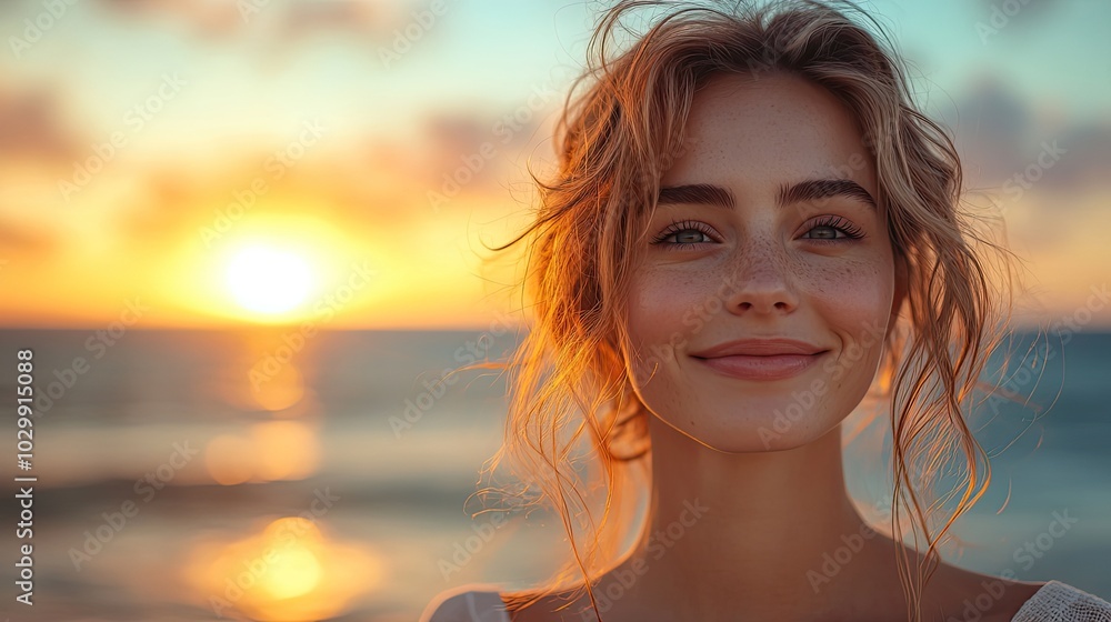 A happy Caucasian woman strolls on the beach at sunset. A happy Caucasian woman strolls on the beach at sunset.
