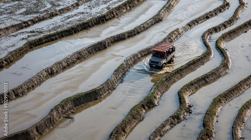 A Vehicle Driving Through Flooded Rice Paddies photo