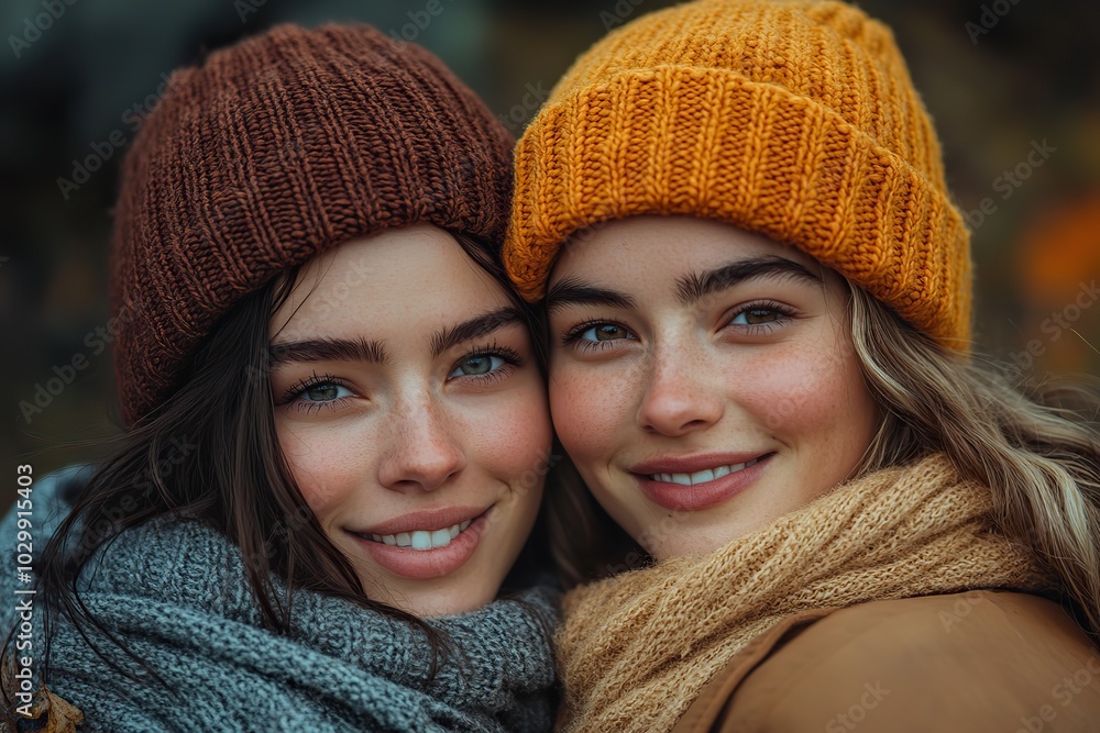A happy lesbian couple hugs in nature during autumn, highlighting their loving relationship and tenderness. A happy lesbian couple hugs in nature during autumn, highlighting their loving relationship and tenderness.