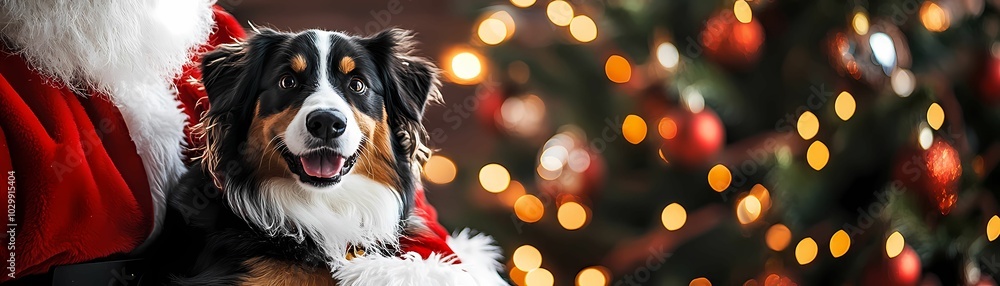 Capture a playful dog sitting on Santa Claus’s. Capture a playful dog sitting on Santa Claus’s.