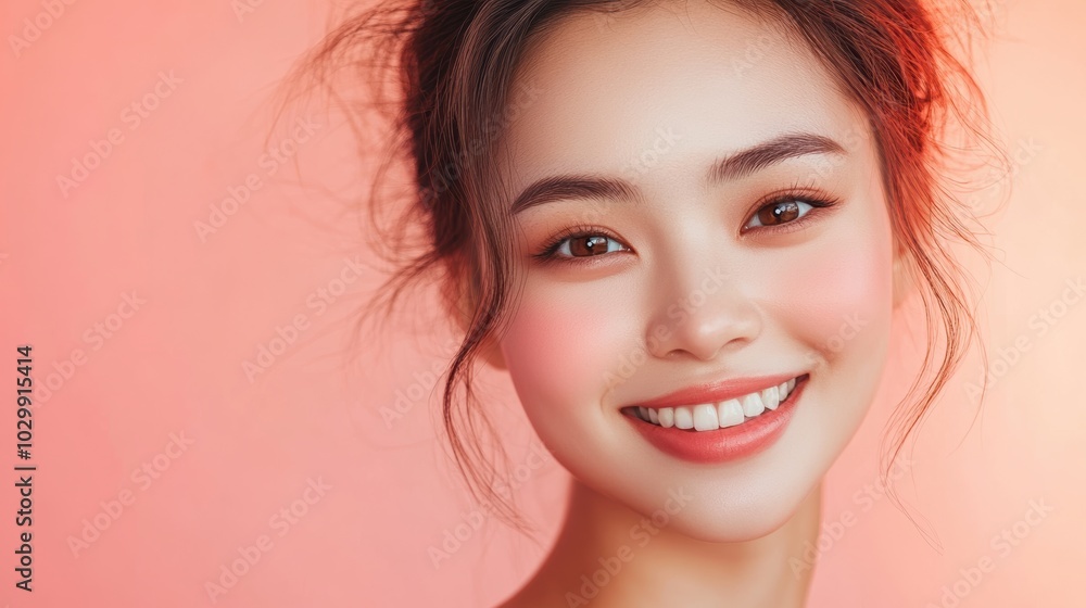An Asian woman poses with impeccable skin against a pastel pink backdrop, reflecting skincare excellence and elegance in a commercial context. An Asian woman poses with impeccable skin against a pastel pink backdrop, reflecting skincare excellence and elegance in a commercial context.