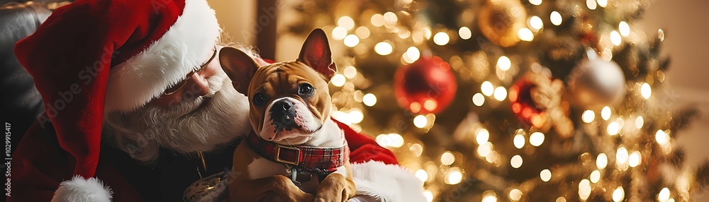Capture a playful dog sitting on Santa Claus’s. Capture a playful dog sitting on Santa Claus’s.