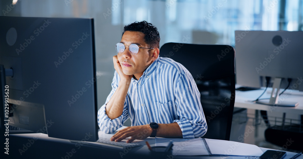 Tired, night and bored with business man and computer for deadline report, overtime and advisory. Research, fatigue and reading with person in agency for investment portfolio, burnout and email Tired, night and bored with business man and computer for deadline report, overtime and advisory. Research, fatigue and reading with person in agency for investment portfolio, burnout and email